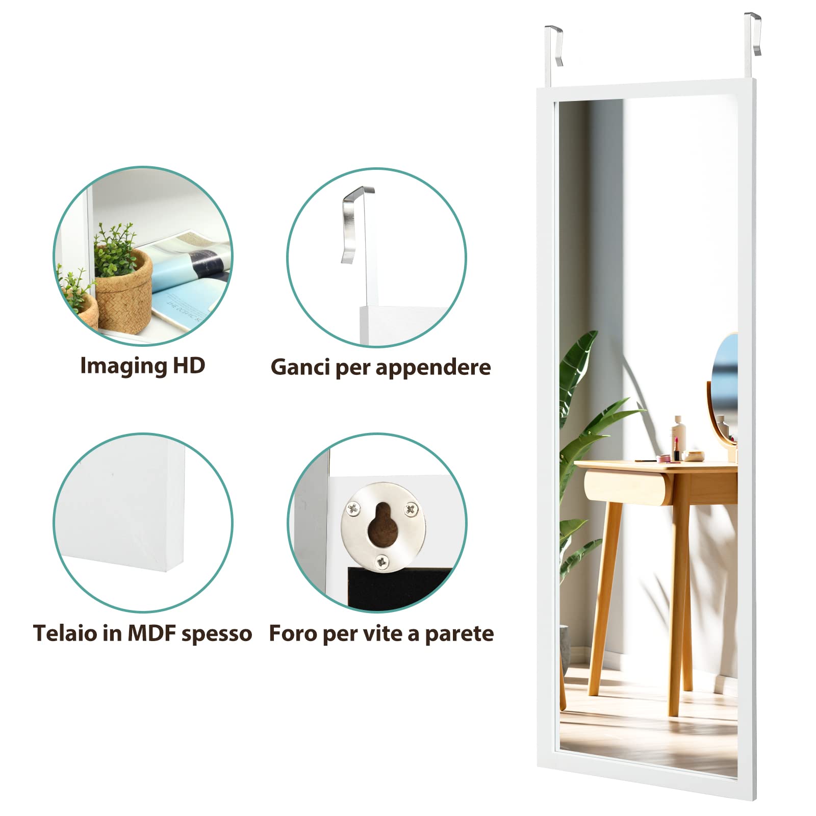 COSTWAY Specchio da Parete Lungo, Specchio sulla Porta o sul Muro, Specchio a Figura Intera per Camera da Letto Salone Spogliatoio,120 x 37 cm (Bianco)