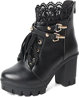 Women Platform Boots Black Chunky Heel Ankle Booties Lace Buckle Combat ...