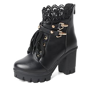 MEOTINA Women Platform Boots Black Chunky Heel Ankle Booties Lace Buckle Combat Boots with Zipper High Heel Goth