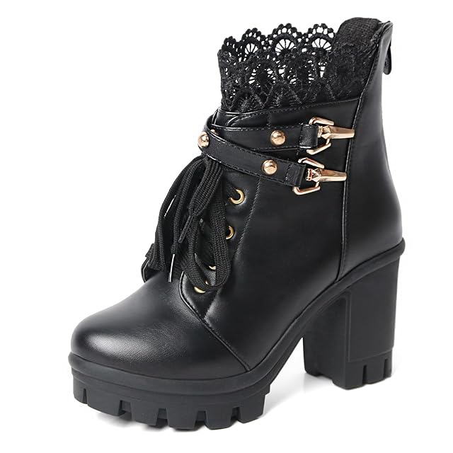 MEOTINA Women Platform Boots Black Chunky Heel Ankle Booties Lace Buckle Combat Boots with Zipper High Heel Goth
