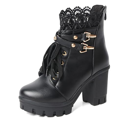 MEOTINA Women Platform Boots Black Chunky Heel Ankle Booties Lace Buckle Combat Boots with Zipper High Heel Goth Shoes - 10 - Goth Ankle Black