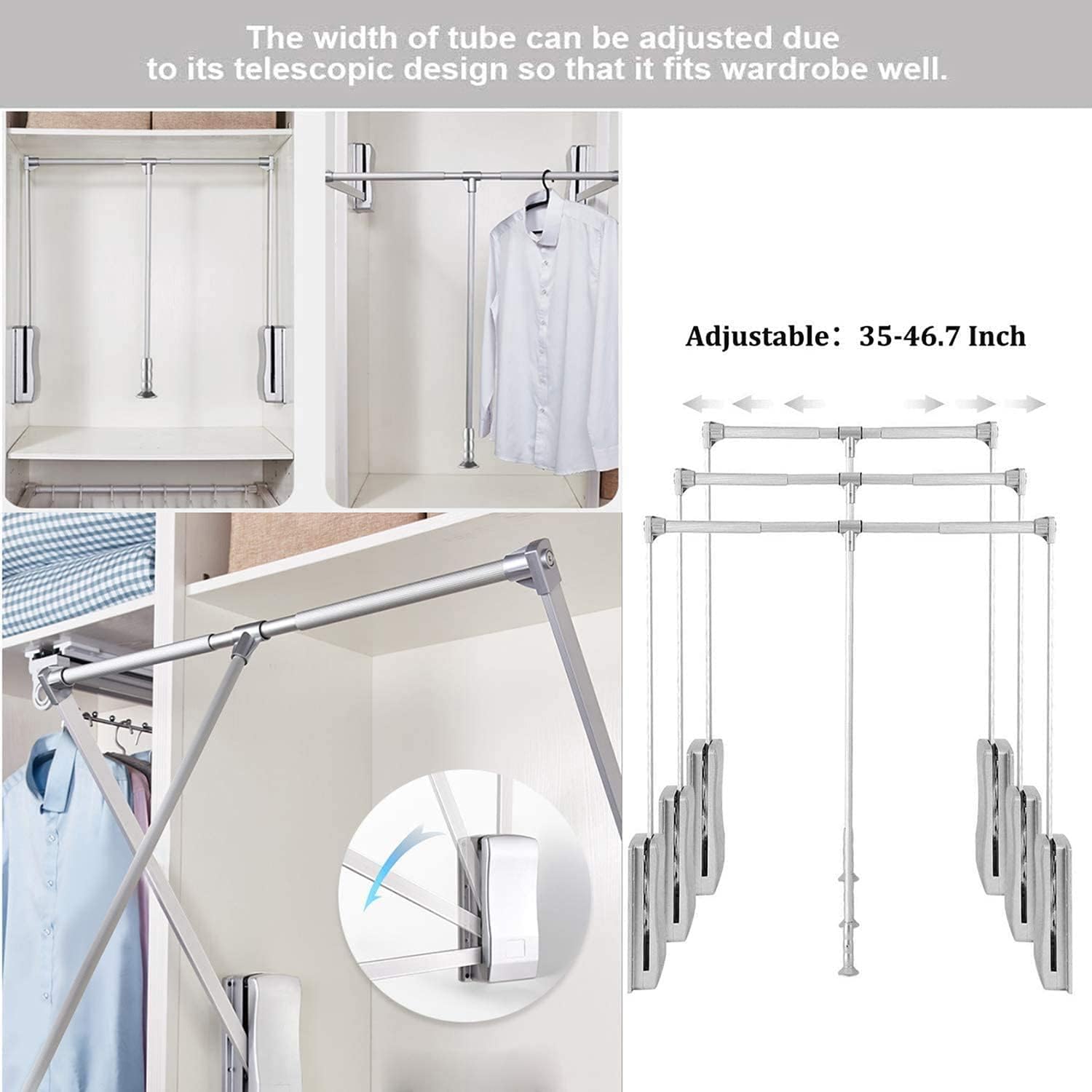 Adjustable Pull-Down Closet Rod Organizer, Aluminium Storage System with Ergonomic Handle, Adjustable Width