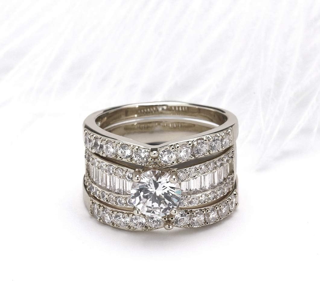 Enchantment Wedding Ring Set for Women by Ginger Lyne | White Gold Plated 3pc Engagement Ring with 2 Matching Cubic Zirconia Wedding Bands | Bridal Jewelry for Wife or Girlfriend