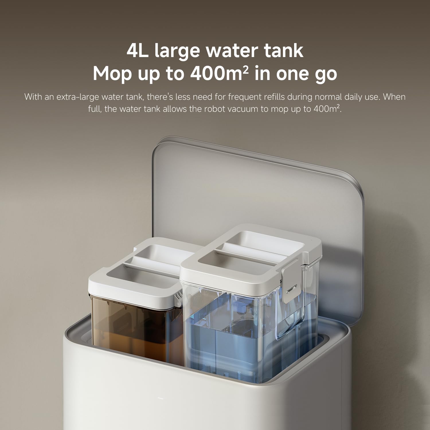 Top view of the self-cleaning base station showing the 4L large clean and dirty water tanks