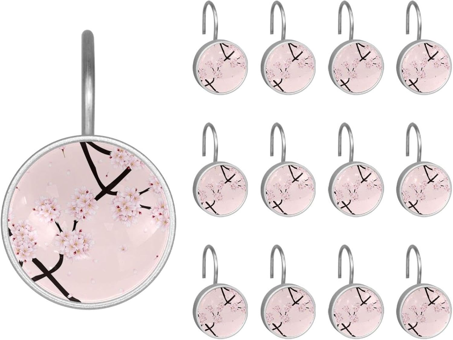Set of 12 Shower Curtain Hooks, Shower Curtain Rings Crystal Glass Decorative Bathroom Hook, Cherry Blossom Flower Pink