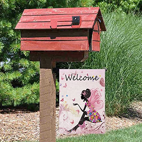 Uanvaha Welcome Fairy Outdoor Garden Flag Pink Flower Cartoon Butterfly Girl Angel Floral Vertical Burlap House Flags 12.5X18 Double Sided Patio Lawn Party Decorations #TOP4