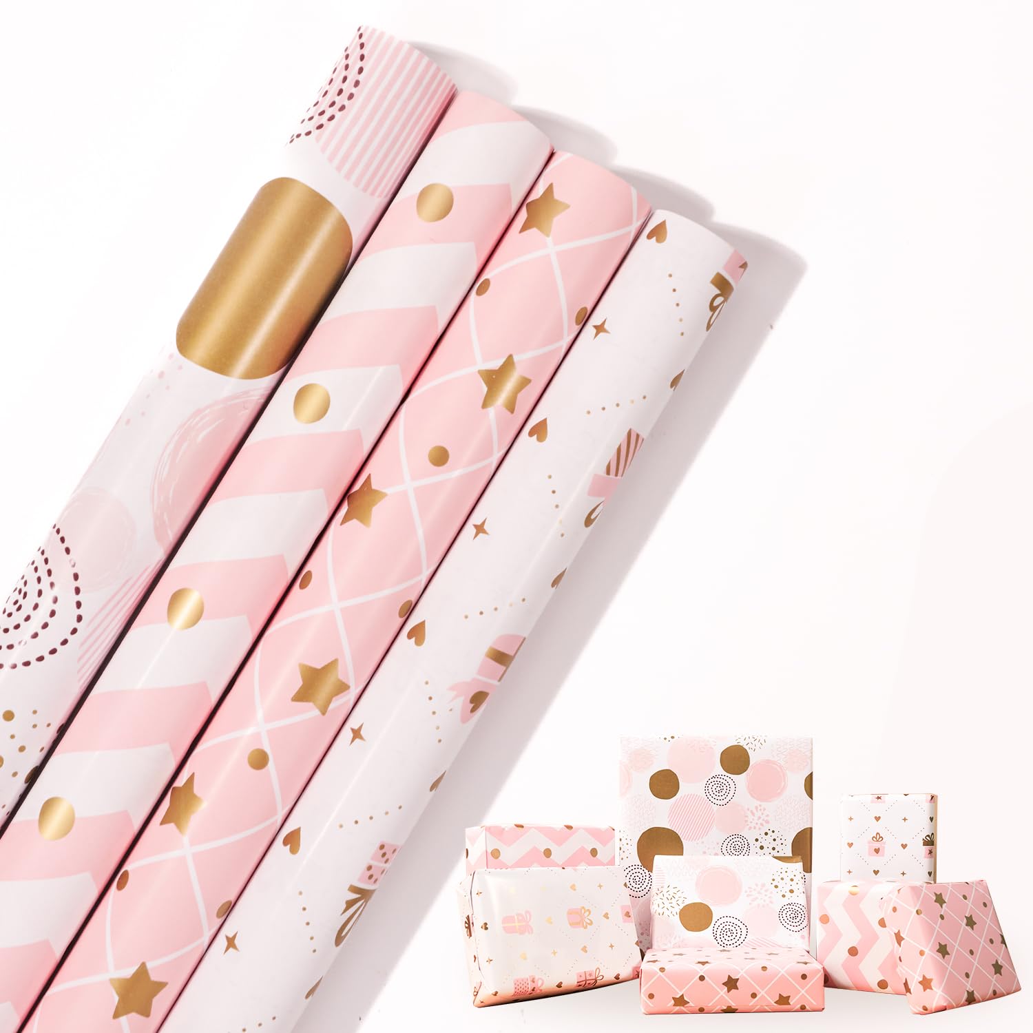 Pink Birthday Wrapping Paper Roll,4 Rolls Pink Gift Wrapping Paper,Girls Gift Wrap paper for Birthday,Party,Baby Shower, Wedding,Mother's Day,Christmas,Festive Decorations,43cm x 3M — image 1