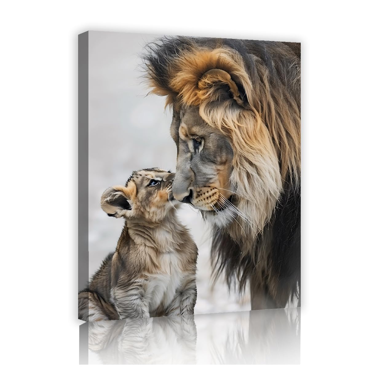 YUNART Lion Wall Art Canvas with Father Lion and Cub Family Cute Animals Kiss Poster Print for Safari Living Room Rustic Decor Ready to Hang 75x95cm Innerframe