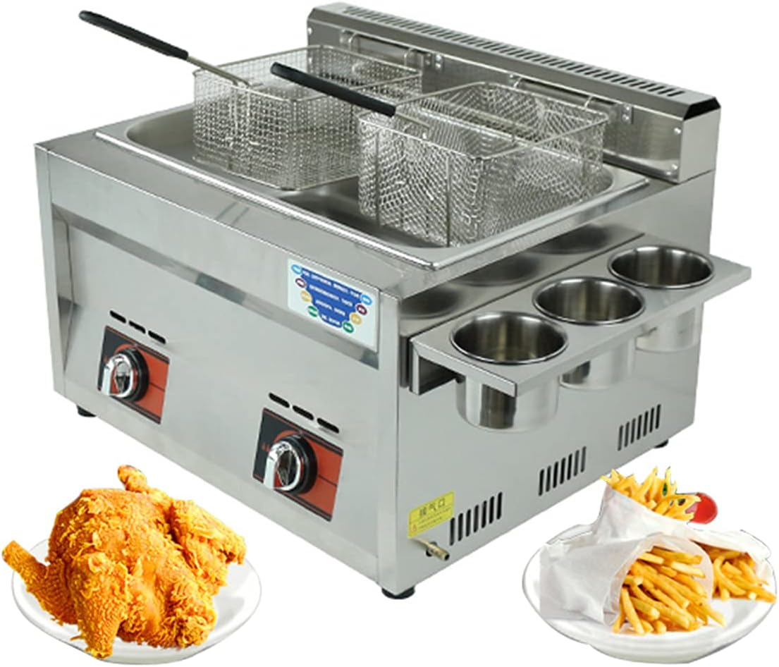 Gas Fryer Commercial Single/Double Cylinder Gas Fryer Tank Stainless Steel Chicken Chips Fryer with Basket and Cover for Commercial Restaurant Home Kitchen (Double cylinder)