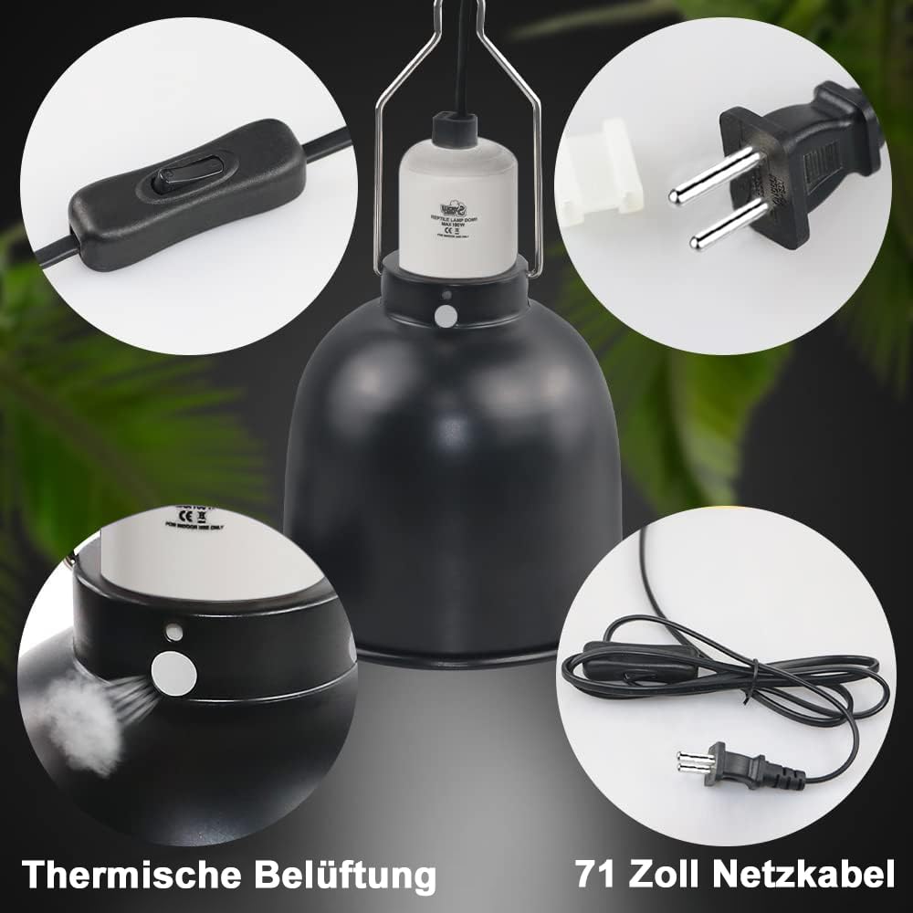 LUCKY HERP 14cm Reptilien Terrarium Dome Lampen, E27 Aluminium Reflektorlampe für Wärmelampe, 100W Terrarium Lampe UVB für Schildkröte, Bartagame, Huhn, Hund