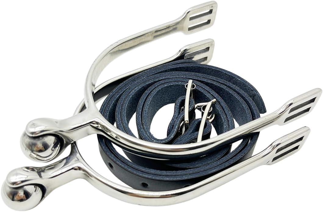 Women's English Roller Ball Bumper Spurs Set - 304 Stainless Steel Riding Spurs with 1.2 Inch Neck & Leather Straps for Equestrian, Trail Riding and Western Shows (3.7 Inch Arch, 6.0 oz)