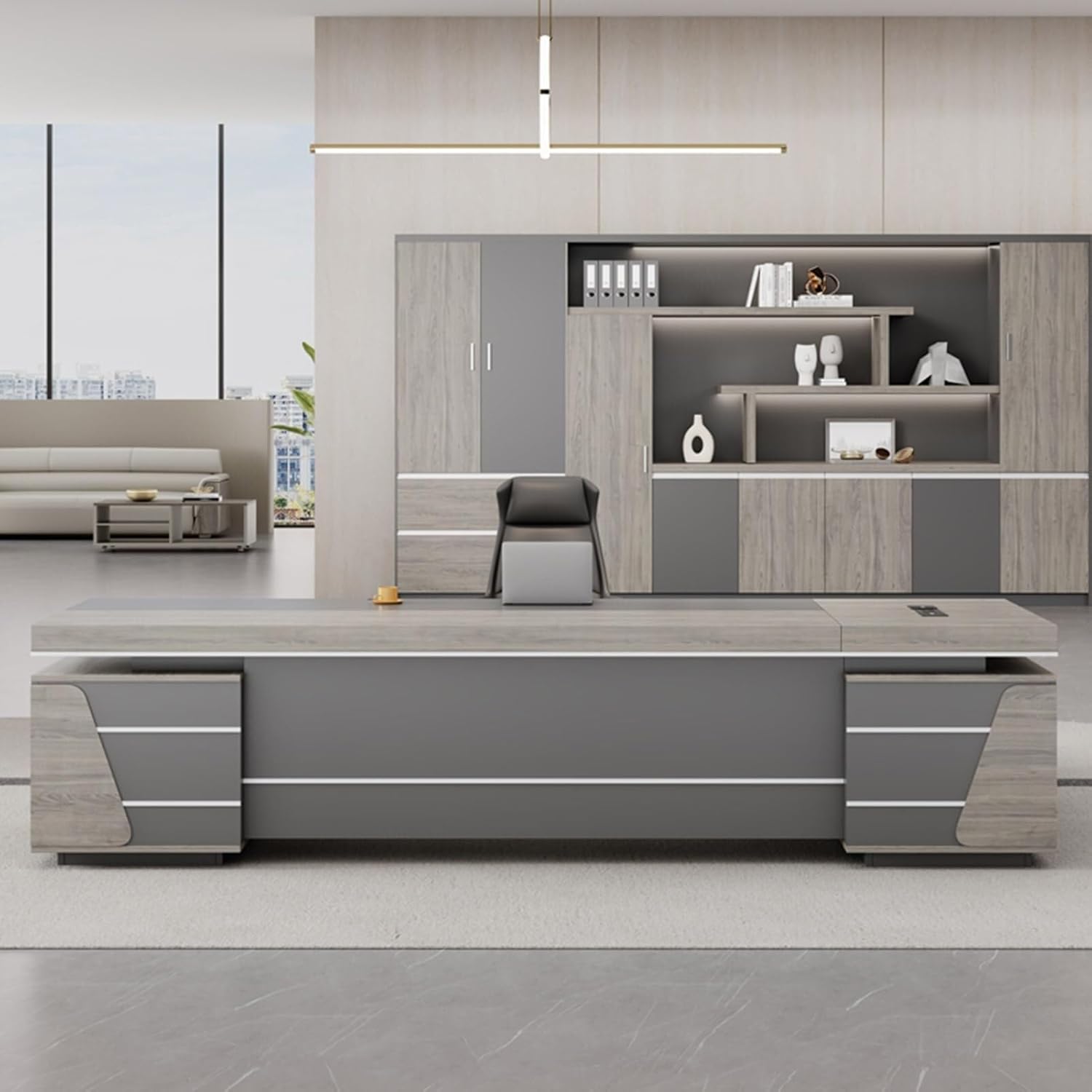 71 Inch L-Shaped Executive Desk Brown Large Wood Computer Desk with Storage Cabinets Modern Home Office Table Workstation Business Furniture(87in)