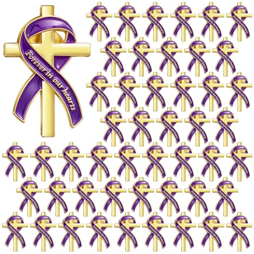 Image of Misdary Funeral Favors for Guests Funeral Memorial Pin Cross Ribbons Forever in Our Hearts Lapel Brooch Pin for Religious Christian Celebration of Life Mourning Remembrance Day