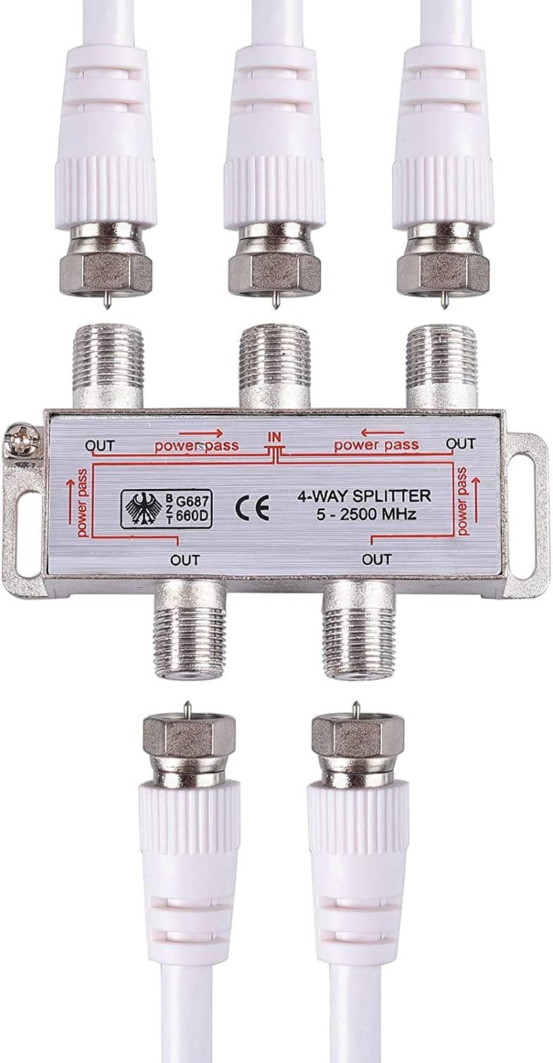 RUNCCIYUN TV Aerial Splitter 4 Way Satellite Splitter F Type Splitter 52500MHz with 2*1.5m