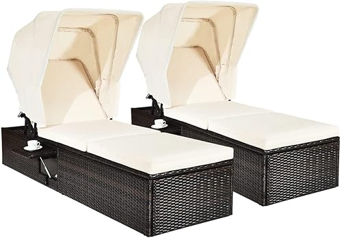 Miniatura 10 de HAPPYGRILL Salón de patio con toldo retráctil silla reclinable al aire libre con respaldo ajustable sofá cama de mimbre de ratán con mesa de café