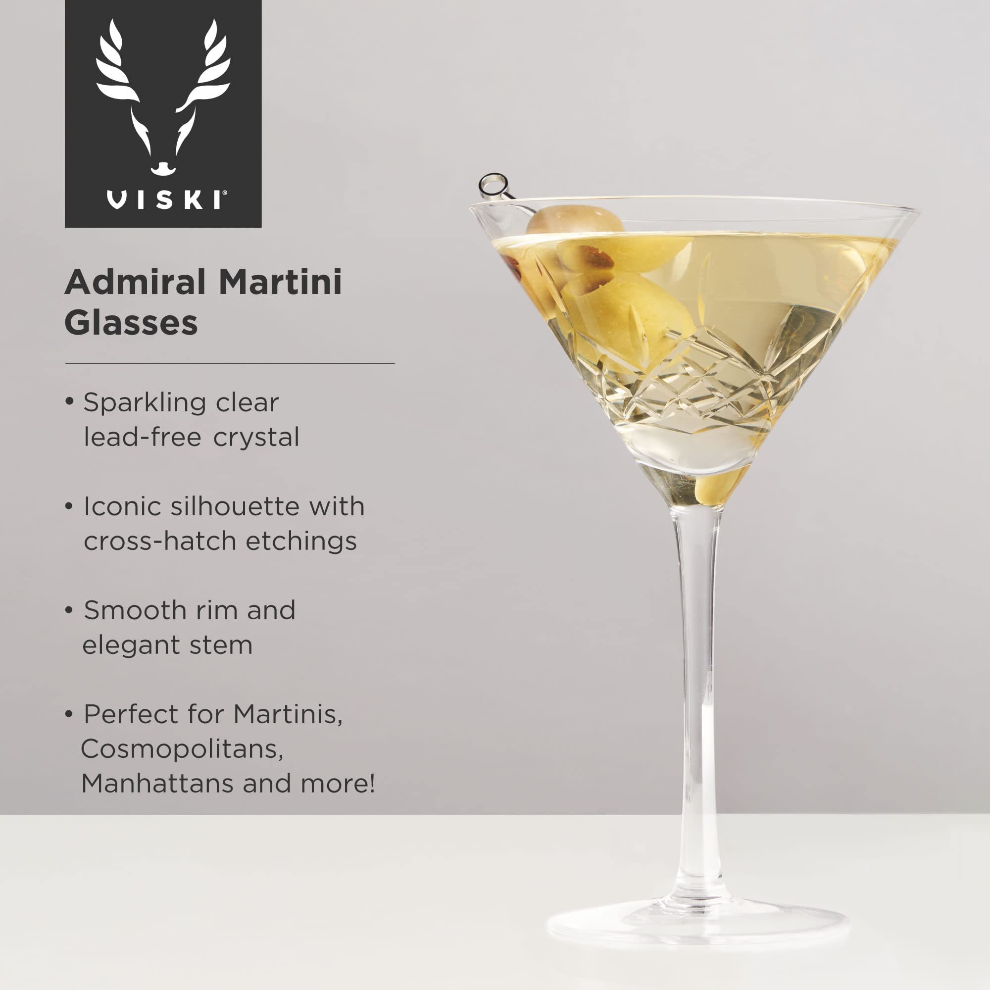 Viski Admiral Etched Martini Glasses, Cocktail Coupe Glasses, Stemmed Crystal Glassware, Home and Bar Drinkware, Set of 2, 9oz