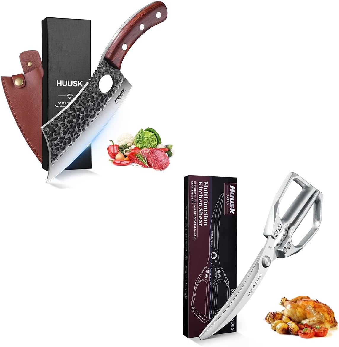 Huusk Kitchen Scissors Silver - Stainless Steel Kitchen Shears Bundle with a Meat Cleaver Knife with sheath, Sharp Meat Scissors Dishwasher Safe, Heavy Duty Poultry Shears for Chicken Bones