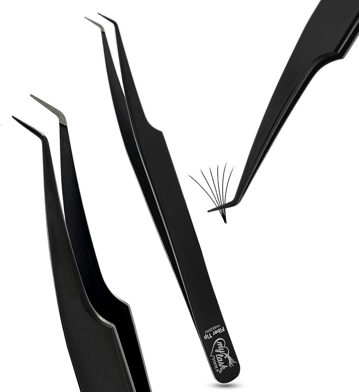 Pinça para cílios com ponta de fibra, corpo angulado a 45° e corpo preto — Cross Edge Corporation