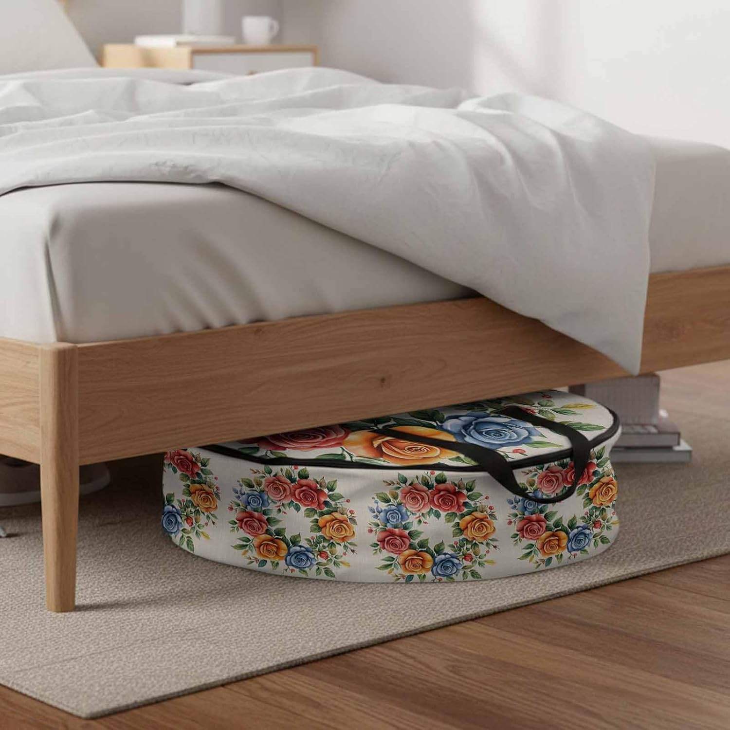 Rose Wreath Round Storage Bag 30 Inch, Spring Floral Watercolor Plant Retro Clothes Storage Container with Handles Heavy Duty Organizer for Comforter, Bedding & Holiday Wreaths
