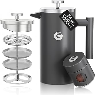 Coffee Gator 304 Grade Stainless Steel French Press Coffee Maker 34 oz, Double Wall Insulated Hot Cold Brew Teapot with 4-Level Filtration System, Include Travel Jar Canister, Rust-Free, Kitchen, Gray