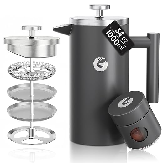 Coffee Gator French Press Coffee Maker- Insulated, Stainless Steel Manual Coffee Makers For Home, Camping w/ Travel Canister- Presses 4 Cup Serving- Large, Gray (34 fl oz)