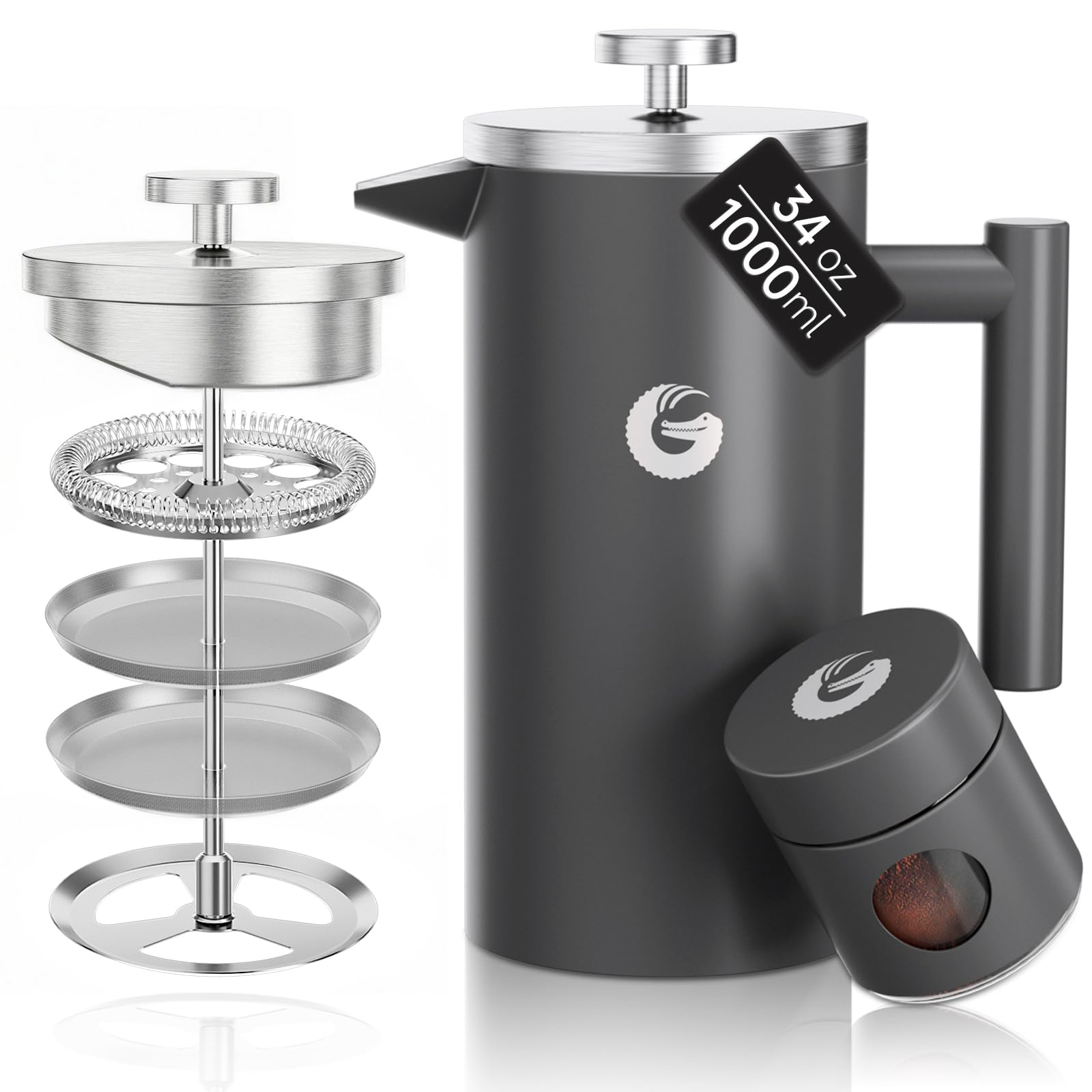 Cafetiere French Press plus Mini Jar Canister, Double Walled Insulated Coffee Press with Stainless Steel Filter, Hot Cold Brew Tea Maker, 1 Liter (4-8 Cups)