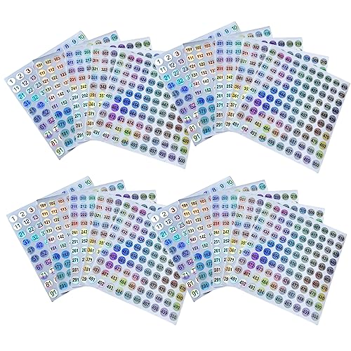 WBQMUNY 20 Sheets 1 to 500 Waterproof Reflective Laser Number Stickers,Round Self Adhesive Stickers/Inventory/Storage Organizing Sticker