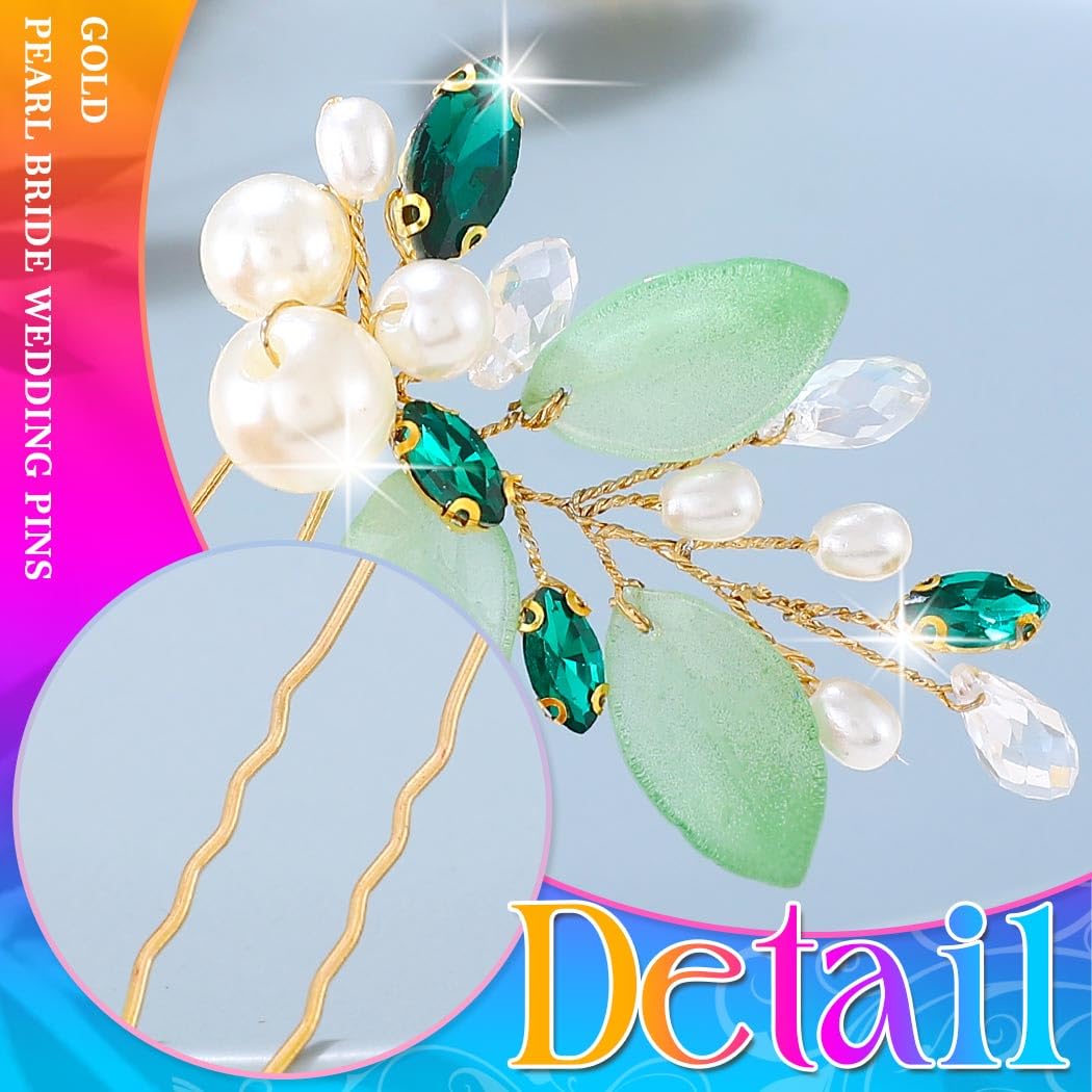 HEREAD Pearl Bride Wedding Hair Pins Gold Leaf Bridal Hair Pieces Crystal Hair Accessories for Women (Pack of 3) (Gold) - Image 5