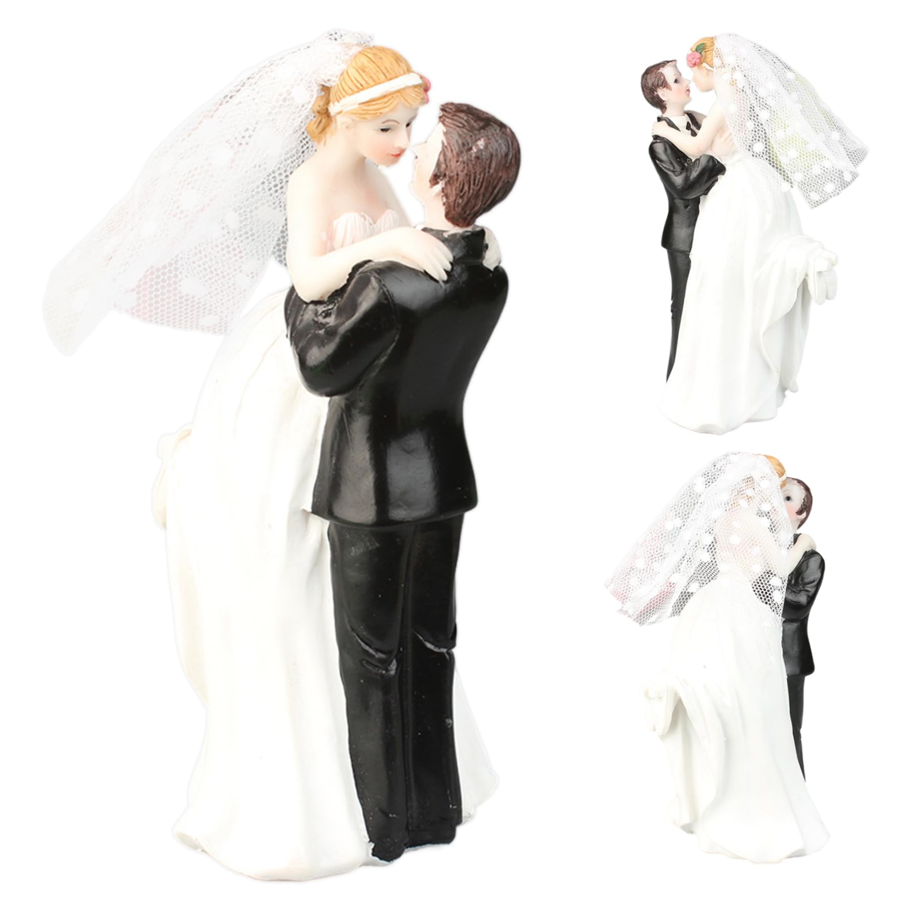 Figura de novios abrazándose para evitar caídas en tartas de boda delicadas