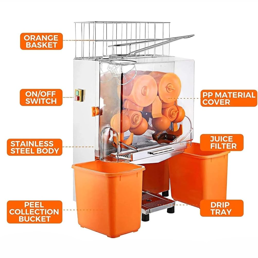 Extracteur Automatique De Jus d'orange À Mastication Lente, Presse-Agrumes Commercial avec 2 Seaux De Collecte Peau, 20 Oranges par Minute Et Taux Sortie De Jus 40 À 50% pour La Maison