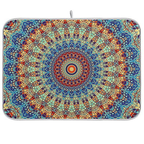 Bohemian Mandala Dish Drying Mat for Kitchen Counter Boho Ethnic Drying Mat 16 x 18 Inch with High Absorbent Reversible Microfiber Dish Drying Pad Dish Rack Pad Drainer Mat for Coffee Bar