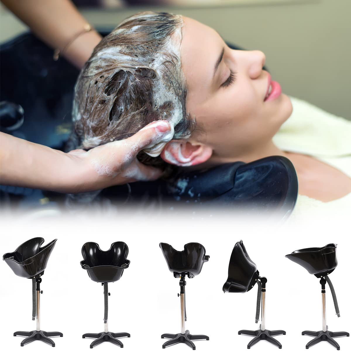 Lavabo móvil para peluquería, altura ajustable, lavado de pelo, ergonómico de plástico profundo, lavabo con manguera de drenaje, lavabo portátil para el hogar, salón de peluquería