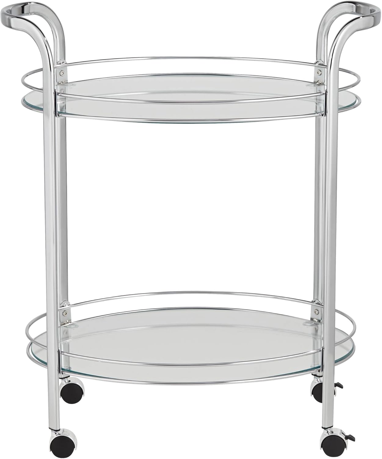 Studio 55D Carli Modern Chrome Steel Oval 2-Tier Serving Bar Cart 26" x 18 1/4" Silver Rolling Clear Tempered Glass Shelves for Living Room Kitchen Bedroom Bedside Entryway House Home