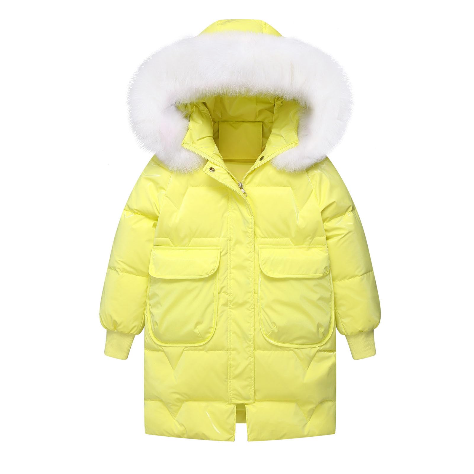 Chaqueta larga acolchada para niñas con capucha de piel sintética para invierno, resistente al viento, con capucha, estilo casual, para exteriores, cortavientos, longitud media, para