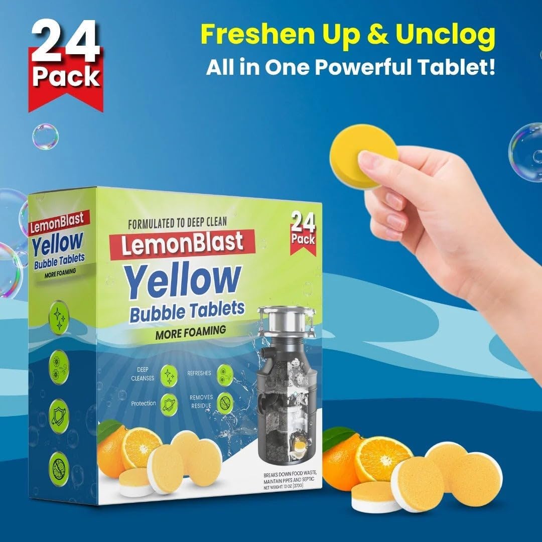 LemonBlast Yellow Bubble Tablets for Deep Cleaning | Multi-Use Foaming Tablets for Kitchen Sink, Drain, Pipes & Disposal | Helps Remove Residue & Refreshes with Active Foam | 24 Pack - Image 6 thumbnail