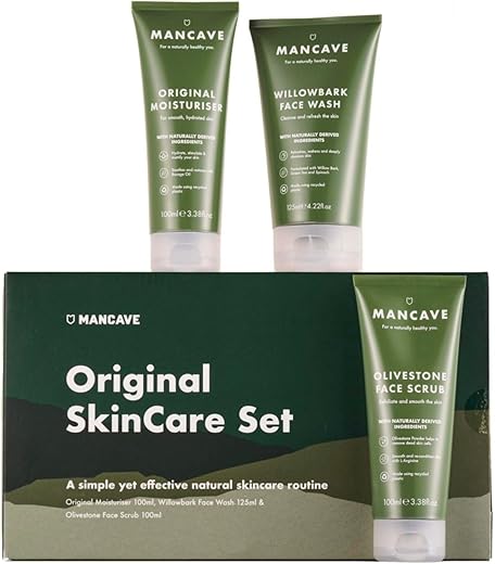 ManCave Set de Regalo Hombre para Cuidado Facial Original – Set de Baño con 3 Esenciales de Cuidado Facial Hombre - Limpiador Facial, Exfoliante Facial y Crema Hidratante Facial Hombre