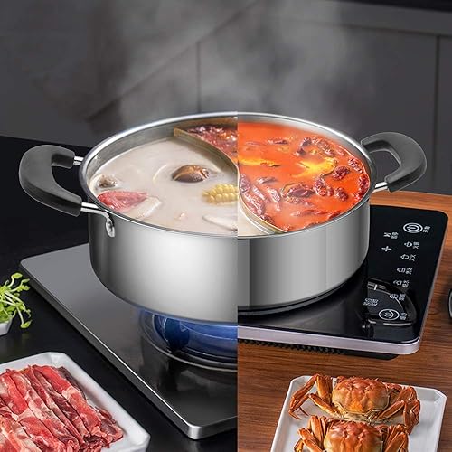 Miniatura 5 de Olla caliente con divisor de acero inoxidable Shabu Shabu Shabu para estufa de inducción, estufa de gas de 11 pulgadas, adecuada para 2-3 personas