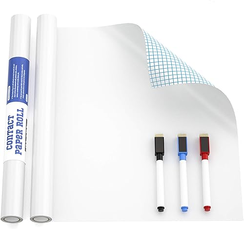 Nicpro Papel de borrado en seco adhesivo de 177 x 787 pulgadas 65 pies adhesivo blanco de contacto lista de tareas con 3 bolígrafos de colores a