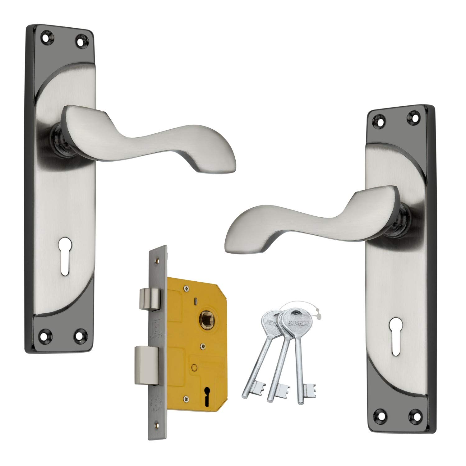 SHRIDA Steel Door Lock Handle Set with Brass Lock Body Set with 3 Keys/Mortise Door Locks for Main Door/Door Lock for Bedroom Door/Main Door Locks for Home (Black Silver Finish, Curv (511)) (B07V9P8LHV) Amazon Price History, Amazon Price Tracker
