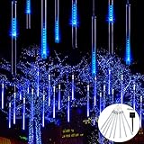 JMEXSUSS Solar Meteor Shower Rain Lights, 30cm 8 Tube 144 LEDs Blue Meteor Lights, Led Falling Rain Fairy String Lights for Xmas Tree Weeding Holiday Party Patio Decoration
