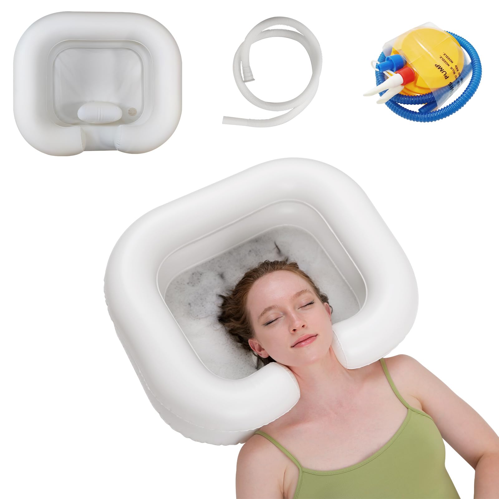 Inflatable Shampoo Basin, Portable Shampoo Bowl with Neck Support Drain Hose for bedridden People, Shampoo Sink for Those Elderly Disabled Pregnant Women Injured (Cream White)