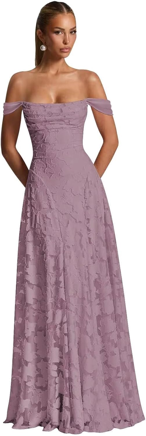 Floral Off the Shoulder Prom Dresses for Women Long Wedding Guest Dress Lace Appliques a Line Evening Gowns