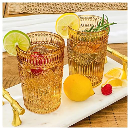 Vintage Textured Amber Striped Drinking Glasses Set of 6-13 oz Ribbed Glassware with Flower Design | Cocktail Set, Juice Glass, Water Tumbler