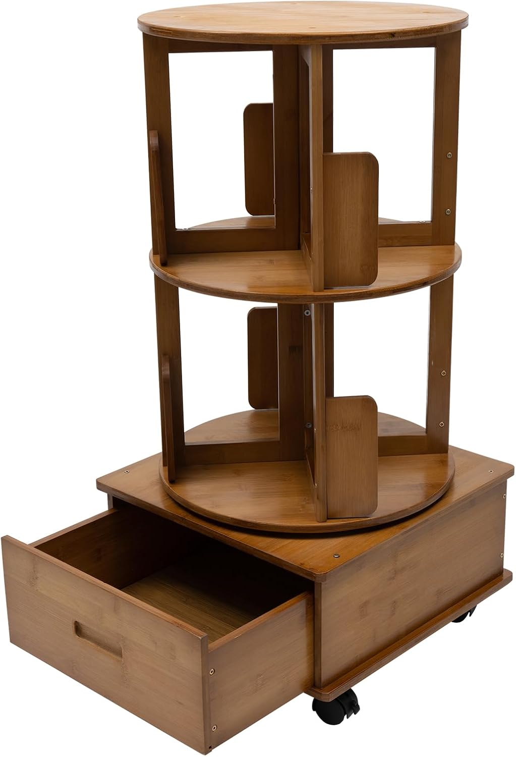 2-Tier Nightstand with 8 Compartments, Bedside Table with Rolling Wheels, Removable Swivel Bookcase for Books, Magazines, Bedroom Living Room, Office, Bamboo