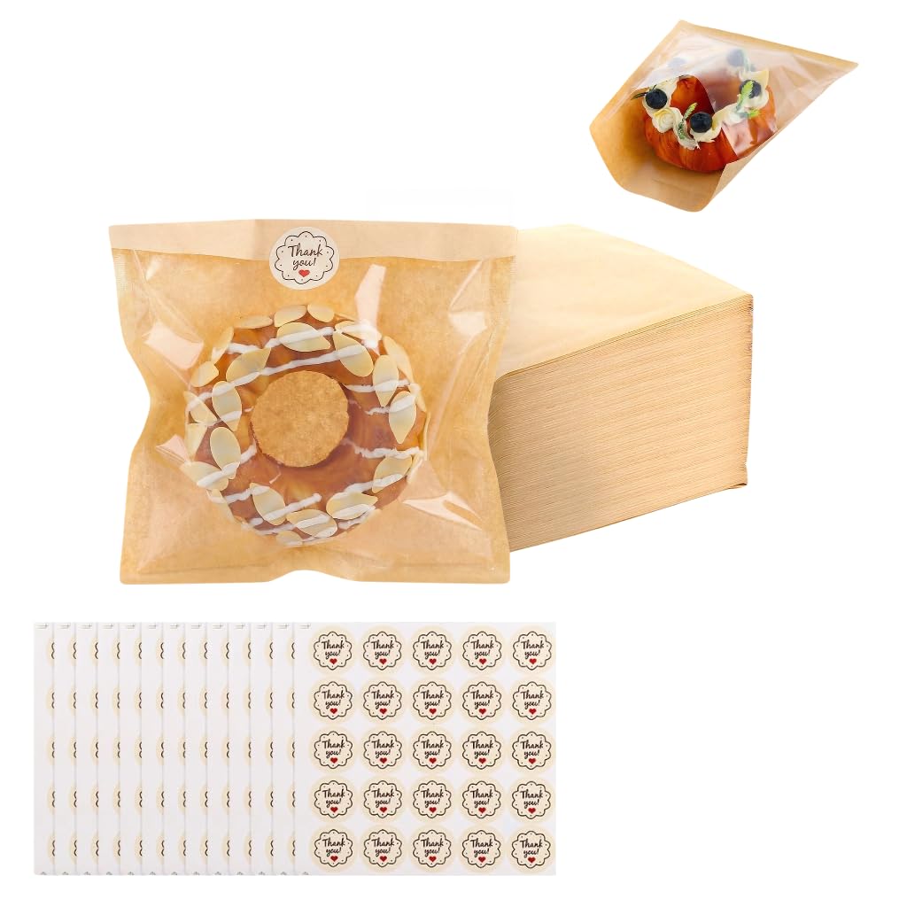 Lirynox Yellow Film Front Paper Bags, 18×19Cm Kraft Paper Bag Cellophane Clear Window 100 Cookie Bags With 100 Seal Grease Resistant Bakery Bag For Treats Baked Goods Bagel Cake Slice Sandwich
