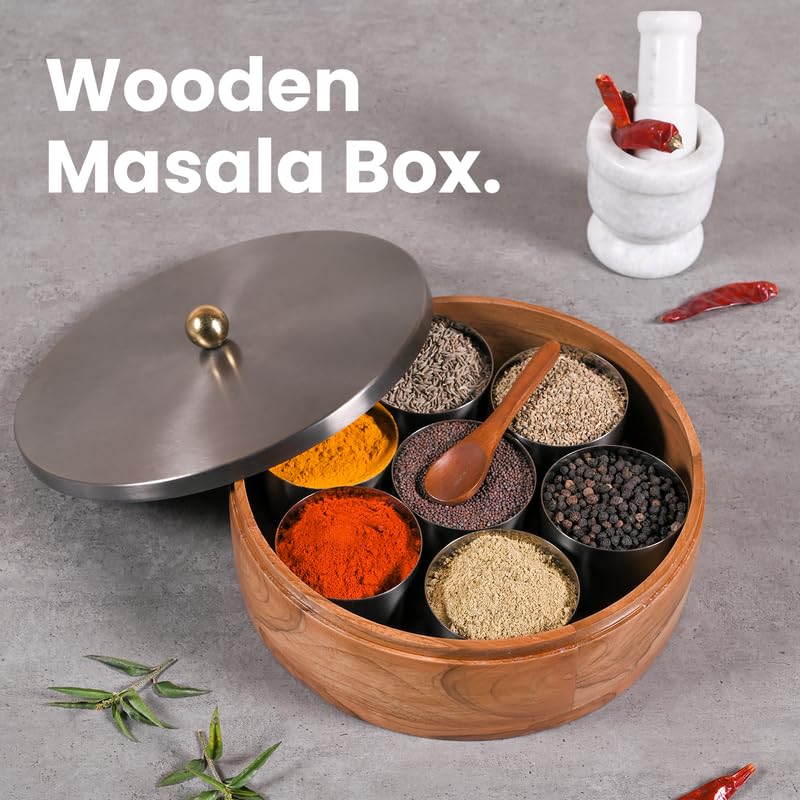 Image of Wooden Masala Box for Kitchen - 7 Stainless Steel Jars with Wooden Spoon | Stainless Steel Brass Lid with Knob | Multipurpose Dry Fruit & Spice Storage - GunMetal (Plane)