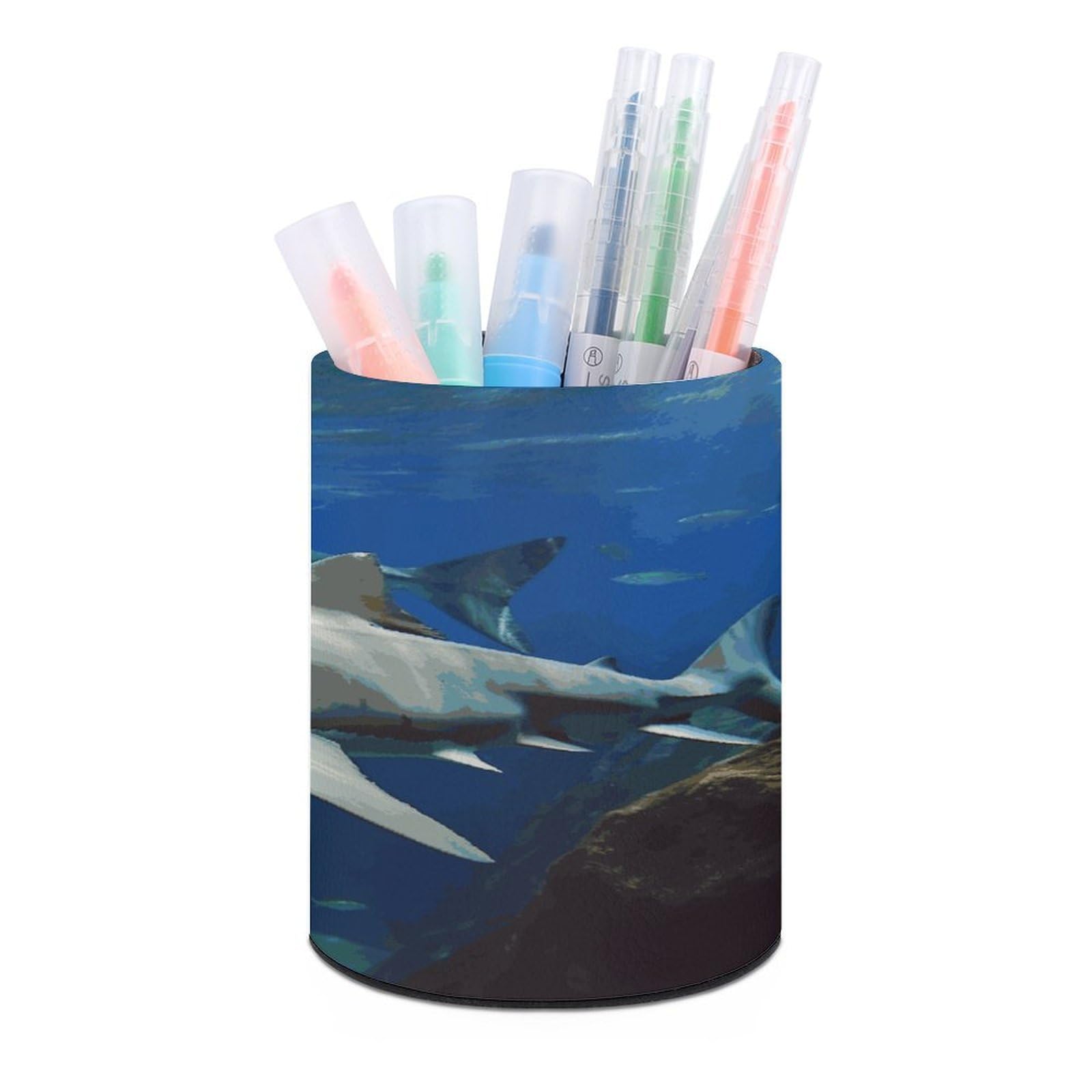 LDGSUPH Two White Sharks Round Pen Holder Leather Pen Cup Pencil Cup Pen Organizer Pencil Holder for Desk Organizer Pencil Organizers Makeup Brush Holders for Home Office Gift