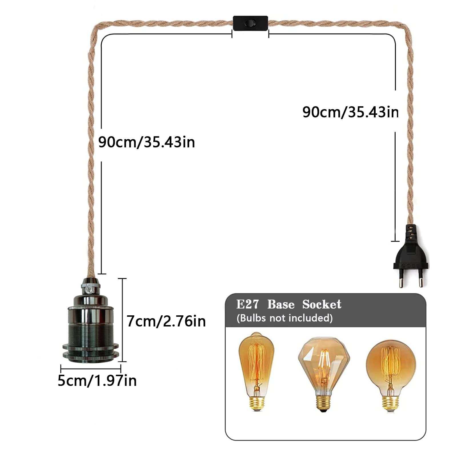 Hanging Kit di Lampade in Corda di Canapa, Edison Retro lampada a Sospensione, Portalampade a Sospensione E27 in Metallo con Spina E Interruttore, DIY Lampadario, per Cucina Magazzino Fattoria.