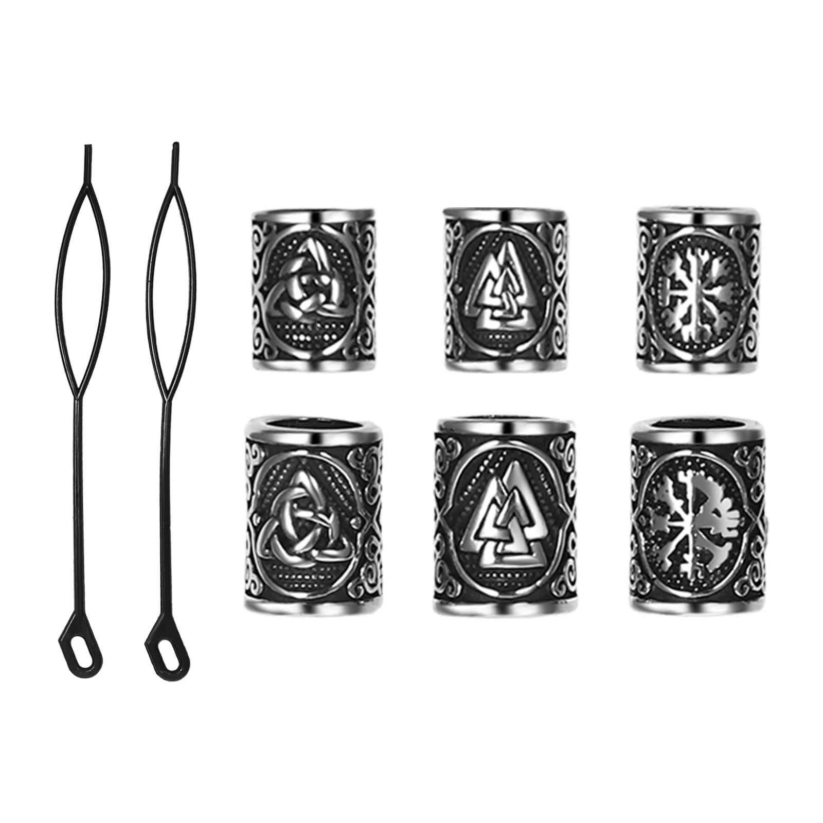 Cupimatch Ensemble de perles de barbe et de cheveux viking : Bijou en acier inoxydable - 6 perles runiques celtiques de 2 tailles avec enfileuse de cheveux - Bijoux DIY pour dreadlocks - Unisexe