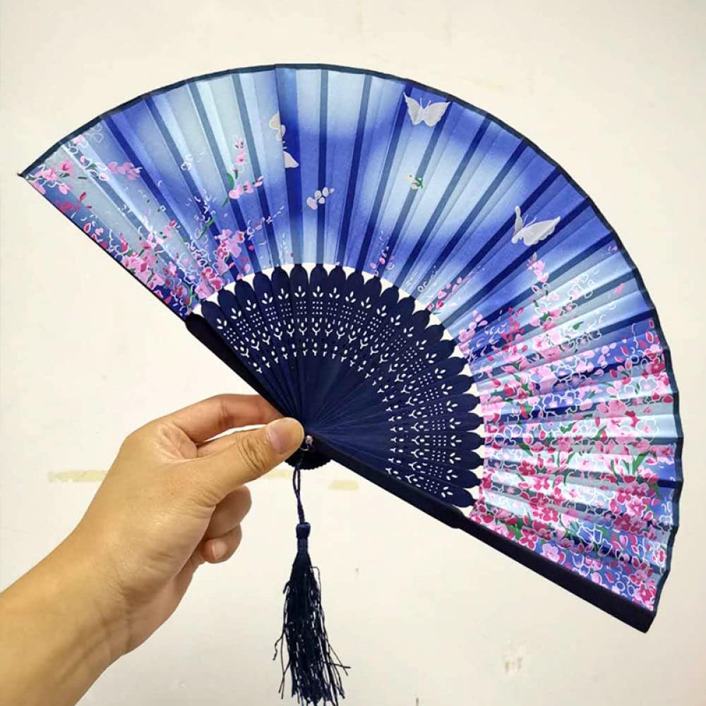NZPOST Hand Fan Folding, 2Pcs Handheld Hand Fans Exquisite Cherry Blossoms Butterfly Silk Folding Fan With Tassel Navy Blue Large Japanese Chinese Fans For Dancing Party Wedding